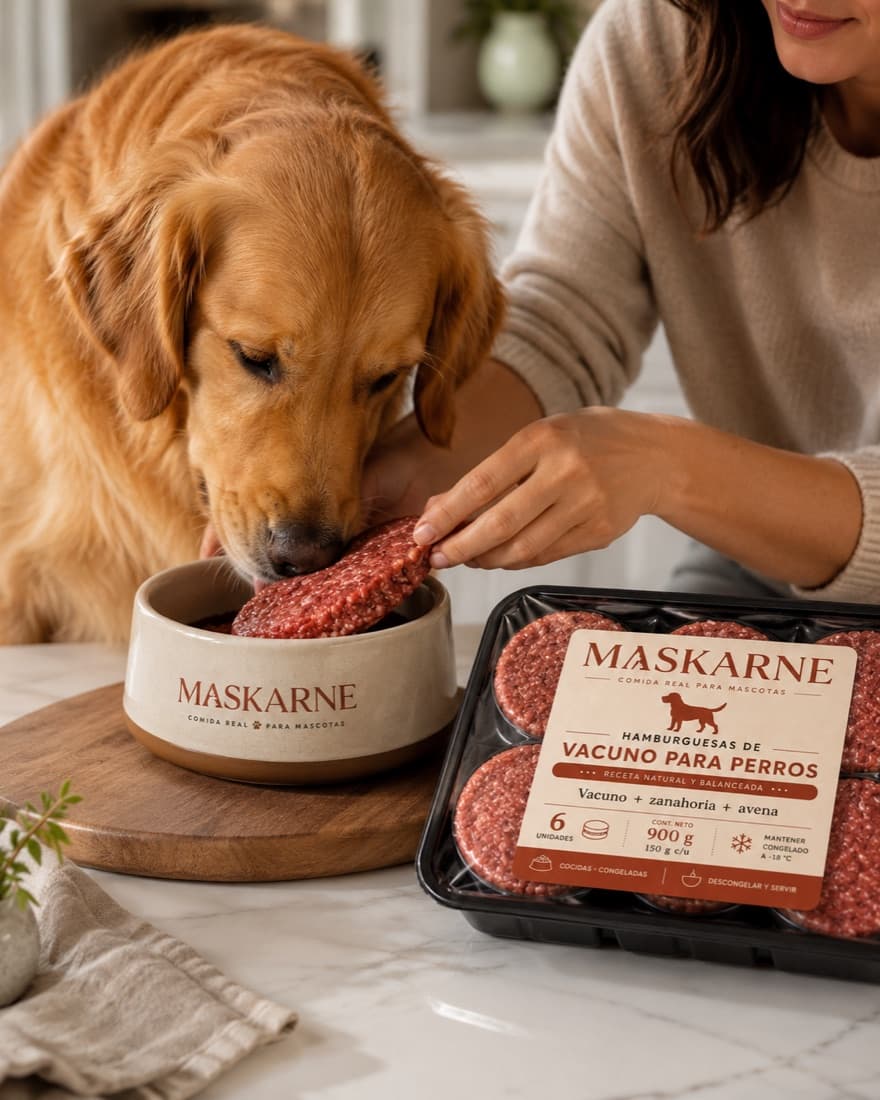 Una persona sirve una hamburguesa Maskarne en el plato de su perro golden retriever, junto a la bandeja de 6 unidades.